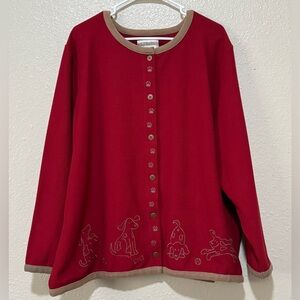 CJ Banks W Sz. 2x Button Sweater Cardigan Dog Paws Embroidered Red Preppy